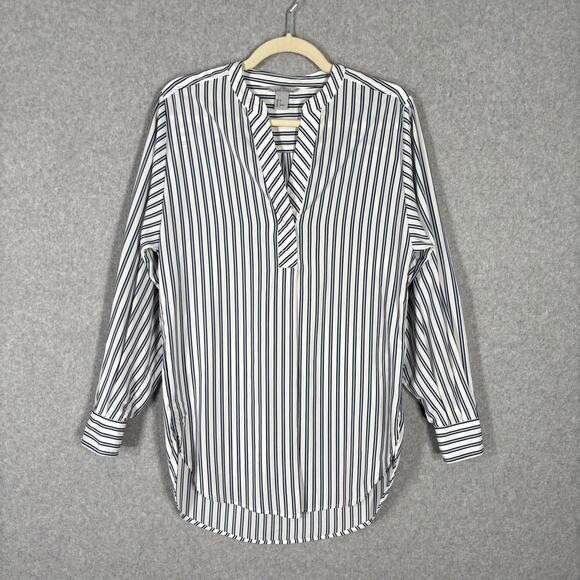 H&M‎ Blouse Womens 6 Small White Blue Striped Tunic Popover Shirt Career Office - Picture 1 of 11